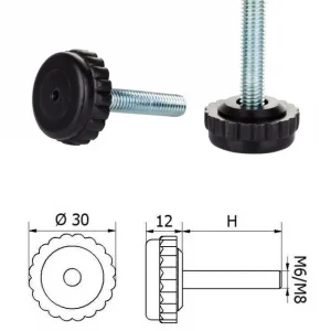 ?asově Omezené ?-30mm, M6x15mm, H-15mm, ?ierna,Bezk?bová plastová nivela?ná no?i?ka, závitovo-nastavitelná.
